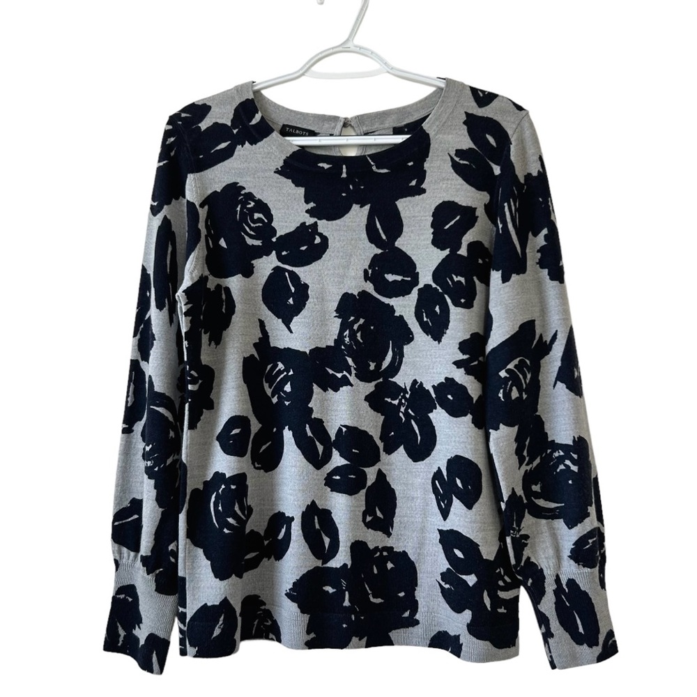 Talbots Women’s Sweater Navy Gray Floral 100% Marino Wool Pullover Light Size L